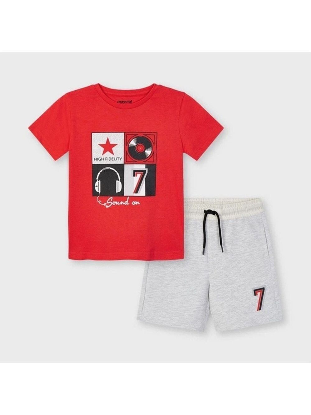 Size 5 Boys Mayoral Red Graphic Tee and Light Gray Shorts Matching Set